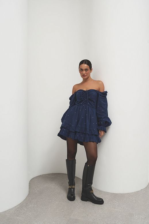 Сукня з подвійною спідницею темно-синя в горошок
