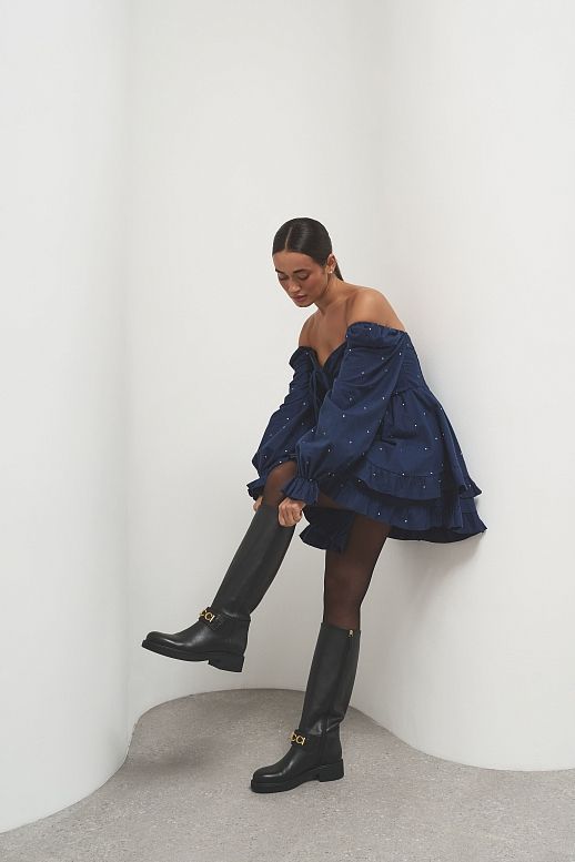 Сукня з подвійною спідницею темно-синя в горошок