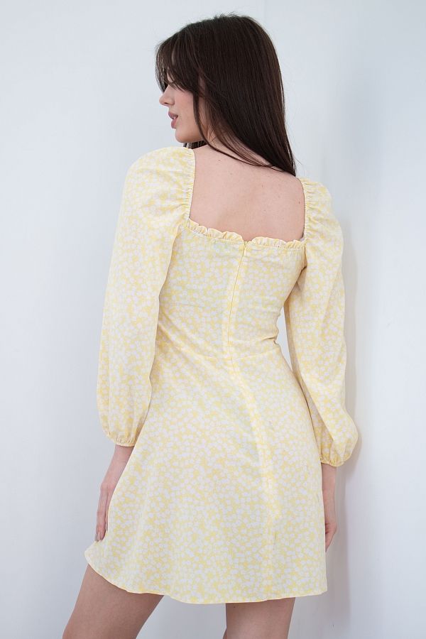 Сукня міні з роспіркою жовта в білі квіти D0321/8