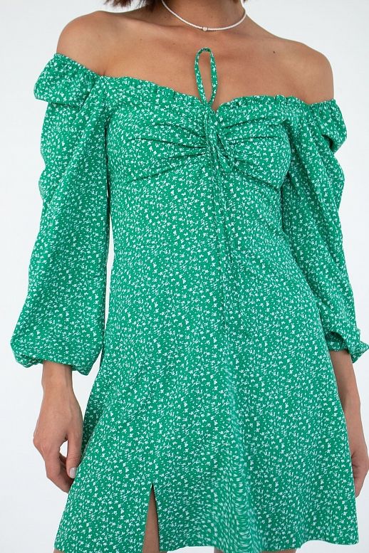 Сукня міні з роспіркою зелена мілкий візерунок - №2