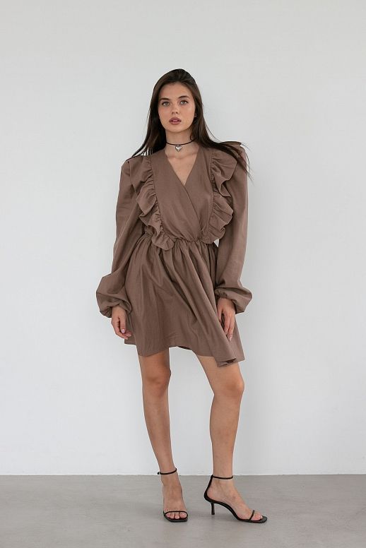 Сукня льон з воланами коричневий
