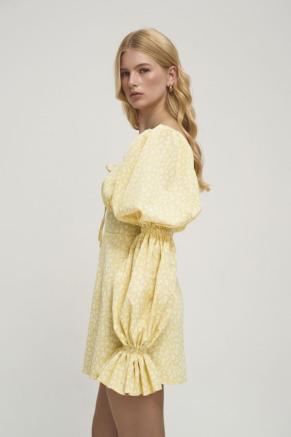 Сукня з пишними рукавами жовта в білі квіти Д0121/26 № 2