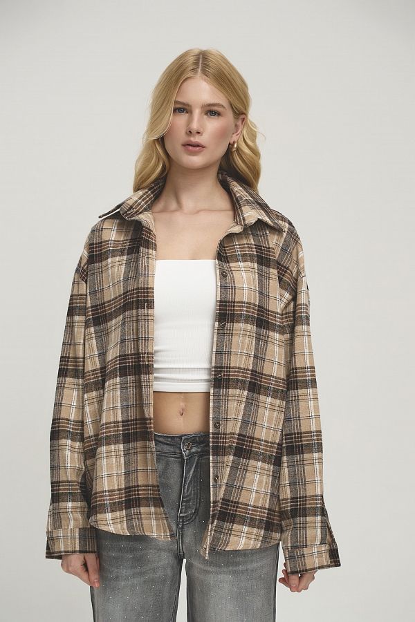 Сорочка oversize в клітинку коричнево-бежево-чорна P1409/5 #RU# Рубашка oversize в клетку темно-коричневая P1409/5 № 3