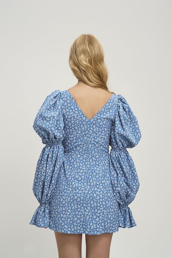Сукня з пишними рукавами блакитна в білі квіти Д0121/26 № 5
