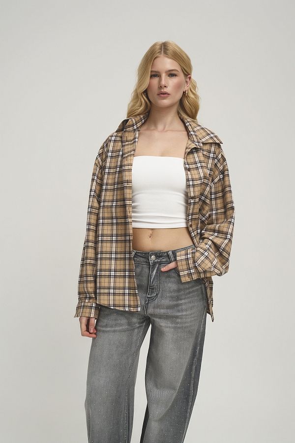 Сорочка в клітинку з камінням бежева SR-KAM/01 #RU# Рубашка в клетку с камнями бежевая SR-KAM/01 № 3