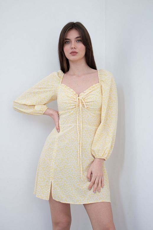 Сукня міні з роспіркою жовта в білі квіти