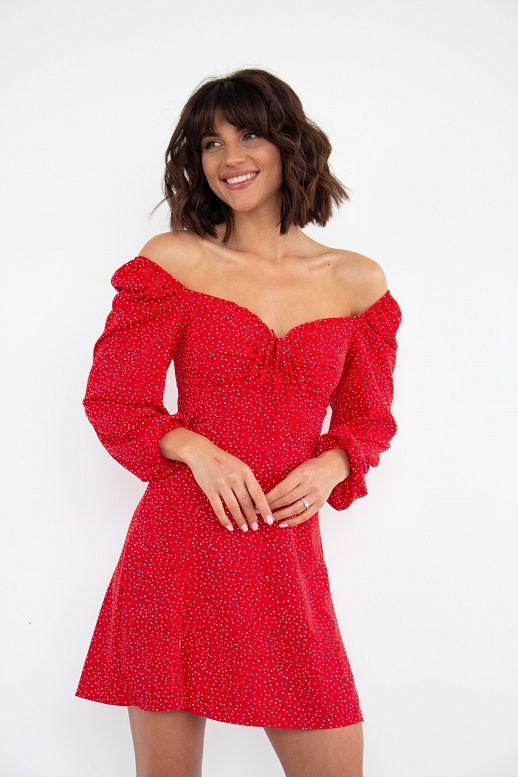 Сукня міні з роспіркою червона в білий горох