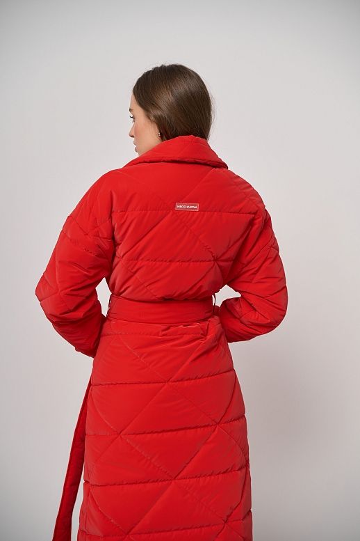 Куртка стьобана довга з поясом візерунок трикутник червона - №2