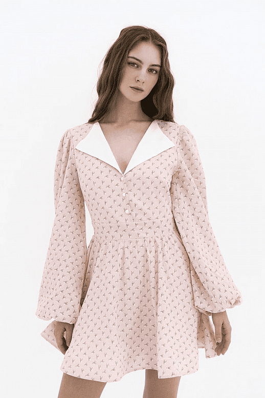 Сукня з білим комірцем пудрова в квітку
