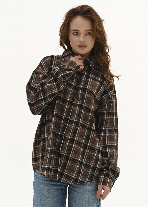 Сорочка oversize в клітинку темно-коричнева