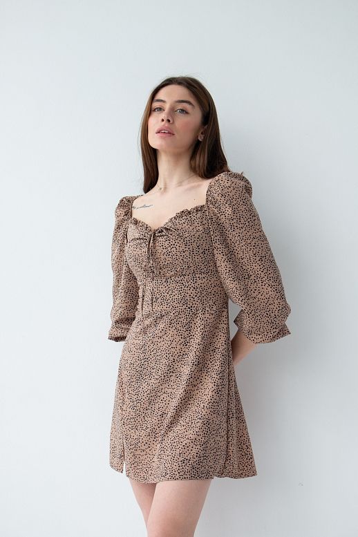Сукня міні з роспіркою коричневий в крапочку