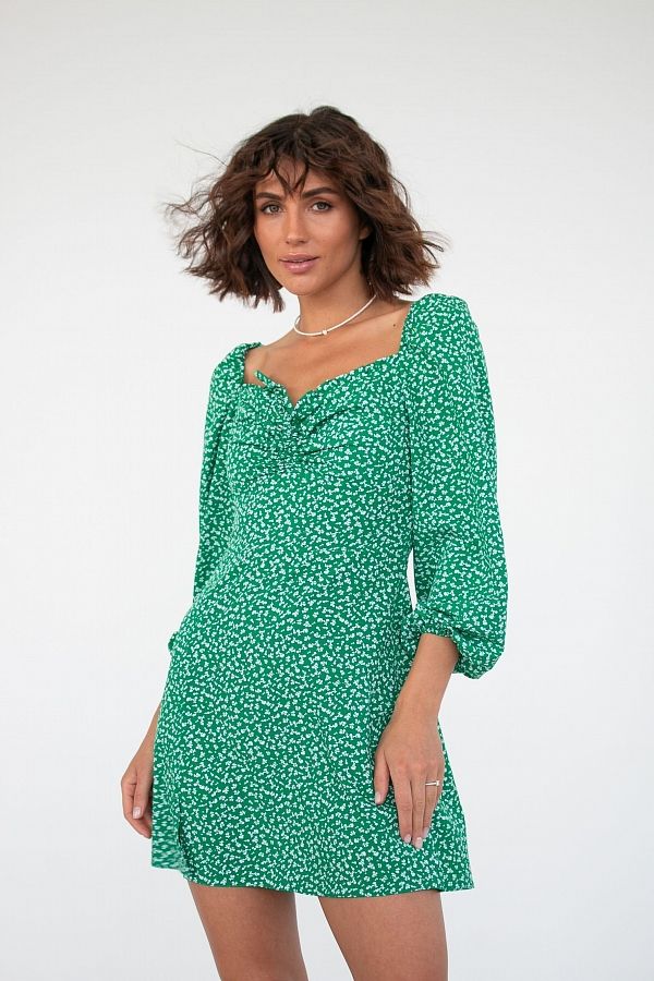 Сукня міні з роспіркою зелена великий візерунок D0321/4