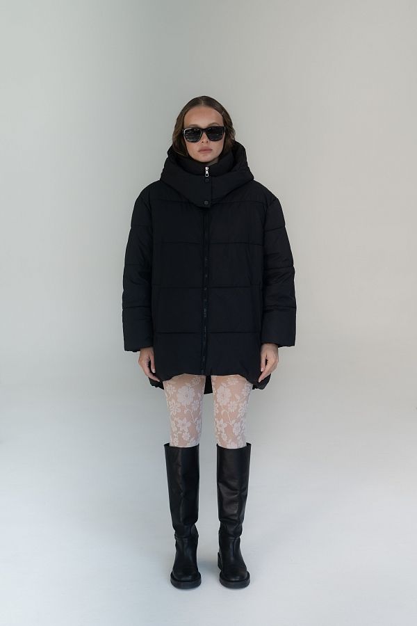 Пуховик подовжений на замку з капюшоном чорний  PDK/3 #RU# Пуховик удлиненный на замке с капюшоном черный PDK/3 № 1