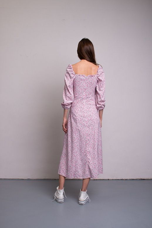 Сукня міді з роспіркою довгий рукав молочна в рожеву квітку