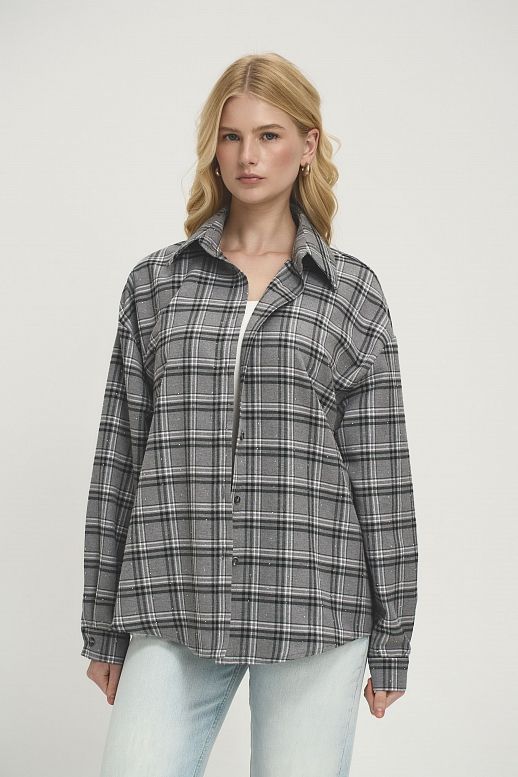 Сорочка в клітинку з камінням сіра