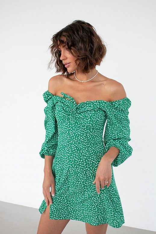 Сукня міні з роспіркою зелена великий візерунок