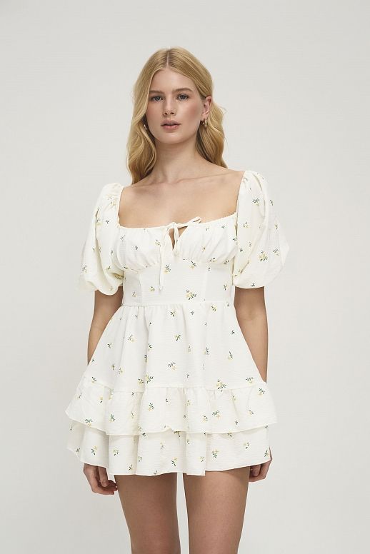 Сукня міні короткий рукав молочна в жовті квіти - №2