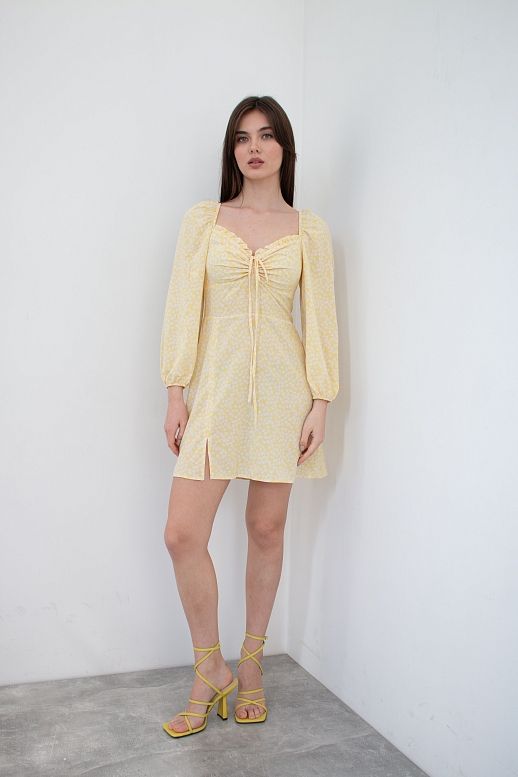 Сукня міні з роспіркою жовта в білі квіти - №2