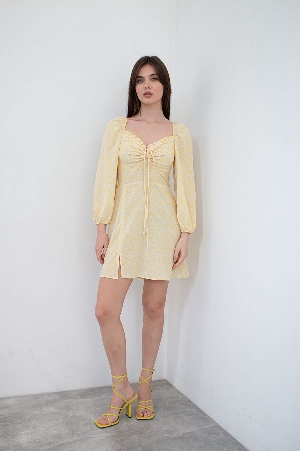 Сукня міні з роспіркою жовта в білі квіти D0321/8