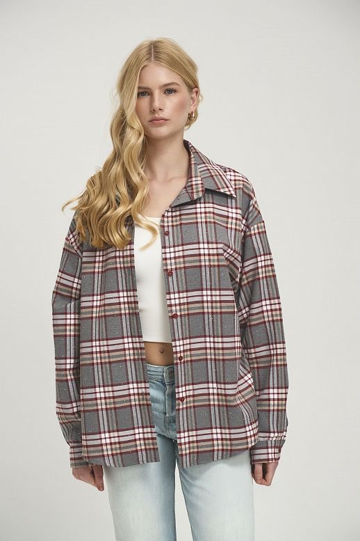 Сорочка в клітинку з камінням сіра з бордовим