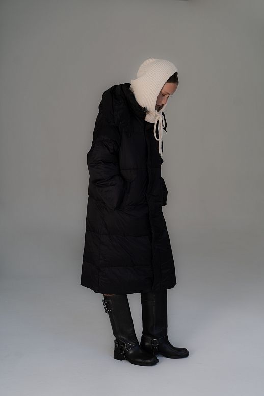 Пуховик довгий з капюшоном чорний - №2