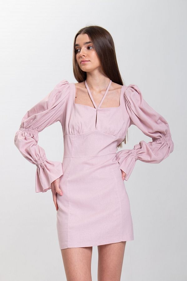 Сукня міні  з льону рожева D0125