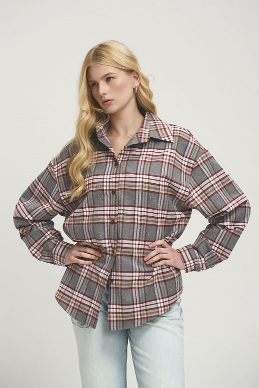 Сорочка в клітинку з камінням сіра з бордовим