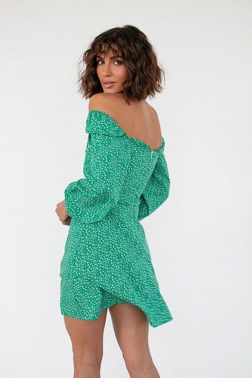 Сукня міні з роспіркою зелена мілкий візерунок